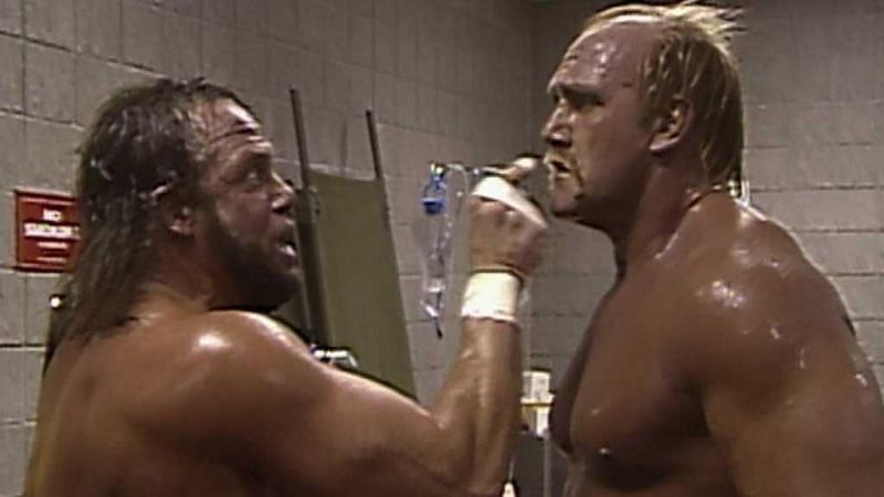 Fast Friends turned Bitter Enemies: Hulk Hogan and Macho Man Randy Savage backstage after Saturday Night's Main Event 1989.
